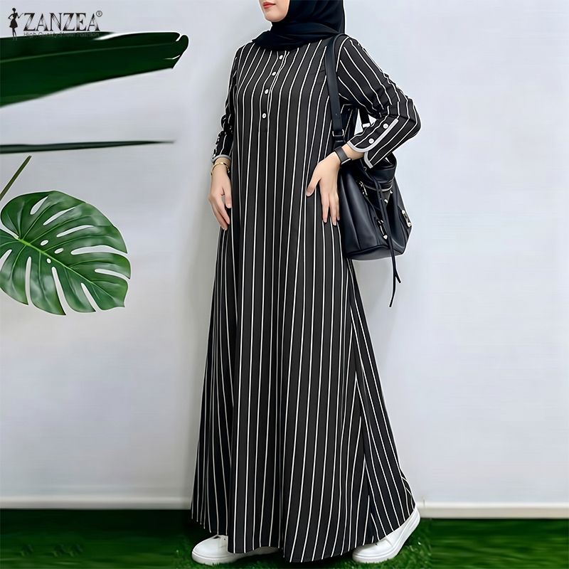 Abaya Modest Wear - Moslim Bescheiden Gestreepte Maxi Jurk Vrouwen