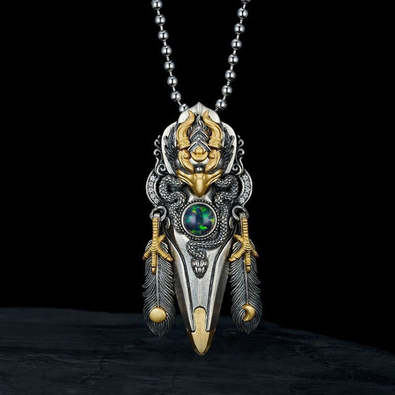 Y2K Ethnic Fashion - Retro verweerde Garuda-veren hangerketting, Tibetaans ontwerp
