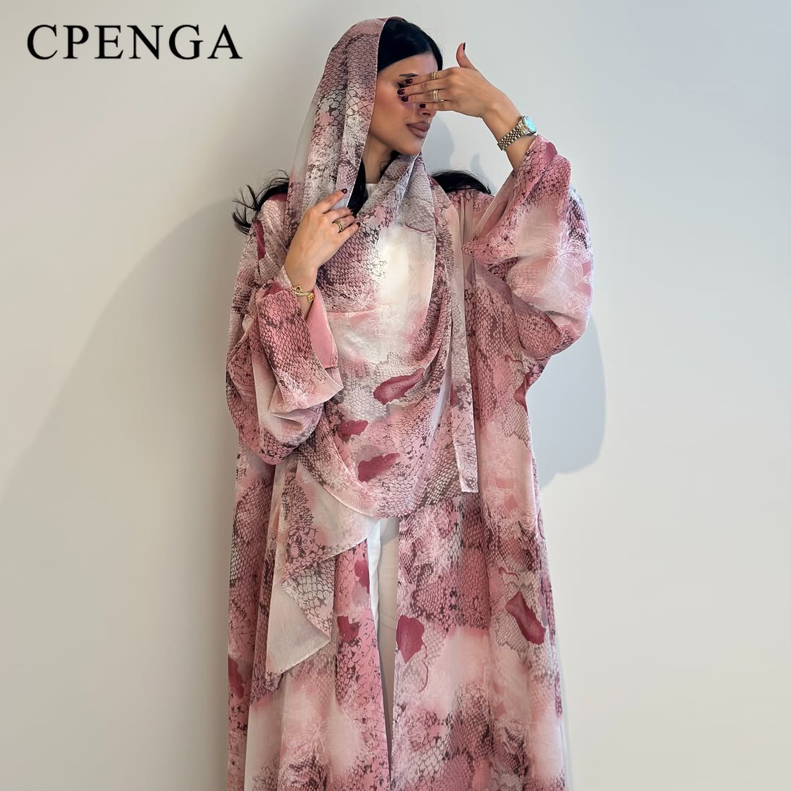 Abaya Modest Wear - 2026 Luxe Dubai Roze Print Chiffon