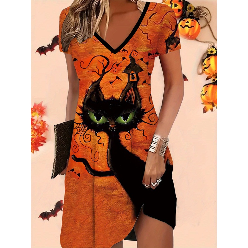 Y2K Ethnic Fashion - Halloween-print met zwart kattenkopmotief, sexy, slim-fit,